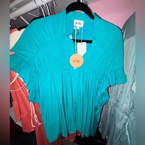 BiBi Teal/Turquoise Button-Front Ruffle Tunic NWT medium💓